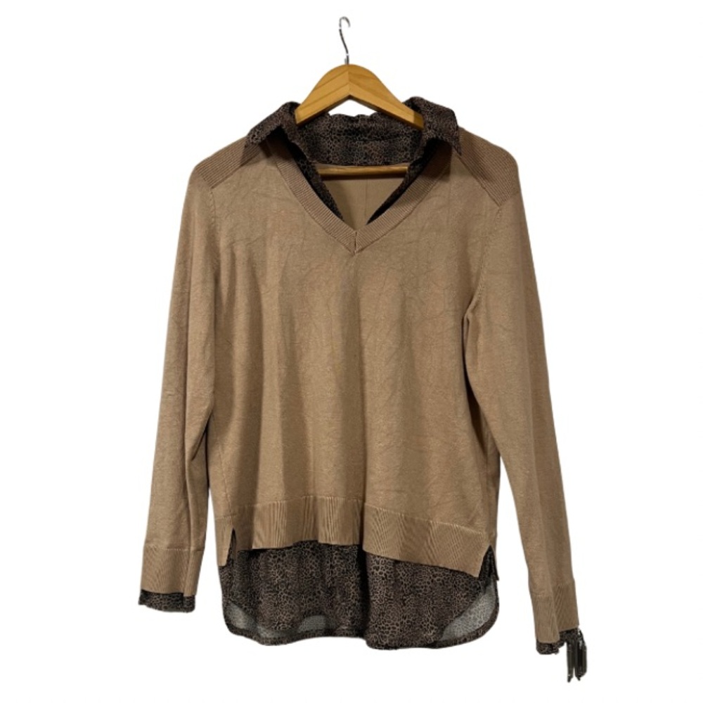 Tan V-Neck Sweater with Leopard Print Faux Undershirt